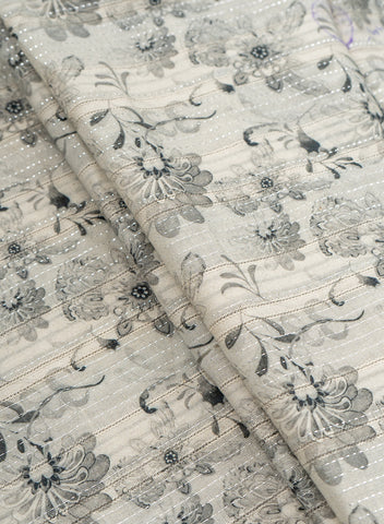 (Pre Cut -1.5 Meter) Pure Cotton Off-White And Grey Color Jacqurad Lurex With Floral Digital Print Fabric. (Pre Cut -1.5 Meter) Pure Cotton Off-White And Grey Color Jacqurad Lurex With Floral Digital Print Fabric.