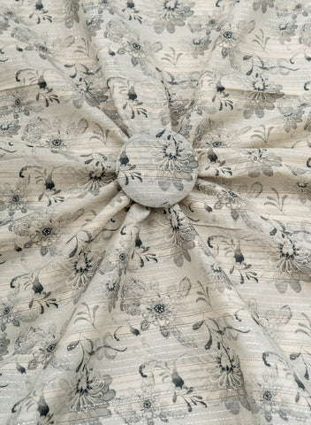 (Pre Cut -1.5 Meter) Pure Cotton Off-White And Grey Color Jacqurad Lurex With Floral Digital Print Fabric. (Pre Cut -1.5 Meter) Pure Cotton Off-White And Grey Color Jacqurad Lurex With Floral Digital Print Fabric.