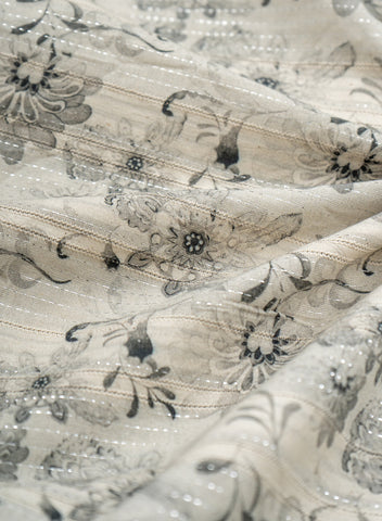 (Pre Cut -1.5 Meter) Pure Cotton Off-White And Grey Color Jacqurad Lurex With Floral Digital Print Fabric. (Pre Cut -1.5 Meter) Pure Cotton Off-White And Grey Color Jacqurad Lurex With Floral Digital Print Fabric.