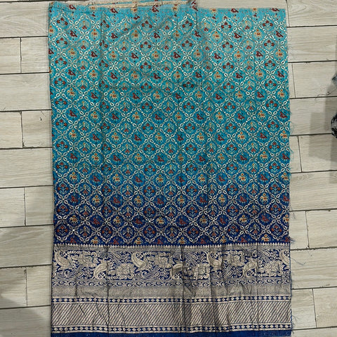 (Pre Cut 3 Meter)Turquoise Blue And Dark Blue Patola Print EmbroideryWith Jacquard Border Pure Dola Silk Fabric