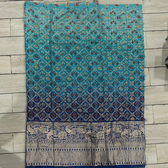 (Pre Cut 2.5 Meter)Turquoise Blue And Dark Blue Patola Print EmbroideryWith Jacquard Border Pure Dola Silk Fabric