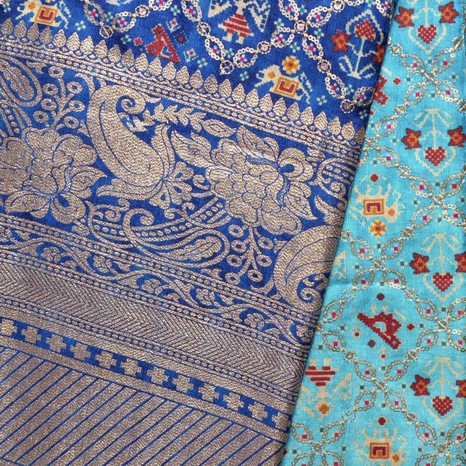 (Pre Cut2.75 Meter)Turquoise Blue And Dark Blue Patola Print Embroider ...