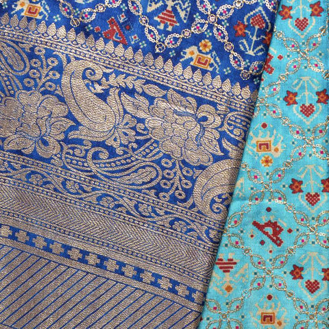 (Pre Cut 3 Meter)Turquoise Blue And Dark Blue Patola Print EmbroideryWith Jacquard Border Pure Dola Silk Fabric