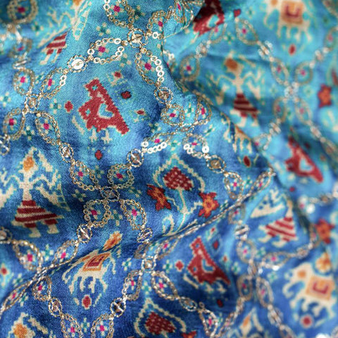 (Pre Cut 3 Meter)Turquoise Blue And Dark Blue Patola Print EmbroideryWith Jacquard Border Pure Dola Silk Fabric