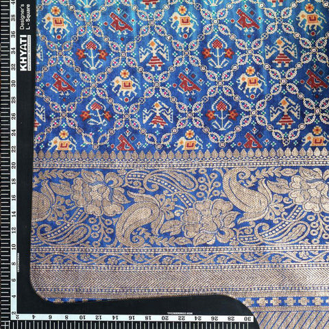 (Pre Cut 3 Meter)Turquoise Blue And Dark Blue Patola Print EmbroideryWith Jacquard Border Pure Dola Silk Fabric