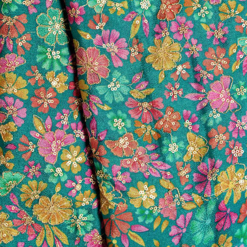 (Pre Cut -2 Meter) Rama Green Sequence Embroidery With Floral Placement Print Pure Chinnon  Chiffon