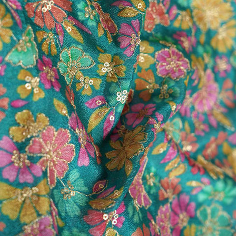 (Pre Cut -2 Meter) Rama Green Sequence Embroidery With Floral Placement Print Pure Chinnon  Chiffon