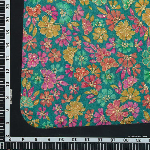 (Pre Cut -2 Meter) Rama Green Sequence Embroidery With Floral Placement Print Pure Chinnon  Chiffon