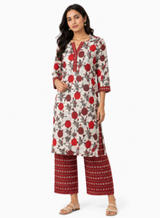 Cotton Flex Mix & Match Fabric – Off-White with Maroon Floral Print.