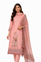 Pastel Peach Linen Unstitched suit with Bird & Bloom Motifs