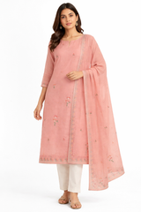 Premium Mul Chanderi Peach Color Top And Dupatta Embroidery Fabric.