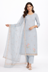 Premium Mul Chanderi Grey Color Top And Dupatta Embroidery Fabric.