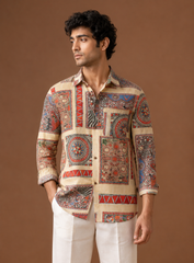 Pure Modal Satin Beige Color Madhubani Pattern Digital Print Fabric.