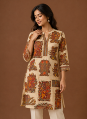 Pure Modal Satin Beige Color Madhubani Pattern Digital Print Fabric.