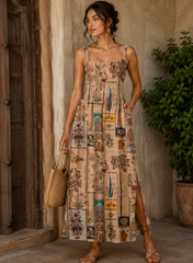 Art Linen Beige Color Floral Pattern Hybrid Print Fabric.
