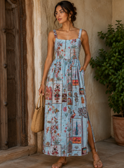 Art Linen Baby Blue Color Floral Pattern Hybrid Print Fabric.