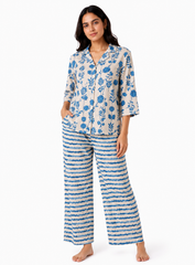 Cotton Flex Mix & Match Fabric – Off-White with Blue Floral Print.