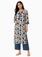 Cotton Flex Mix & Match Fabric – Off-White with Blue Floral Print.