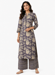 Cotton Flex Mix & Match Fabric –  Grey with Off-White Color Floral Print.