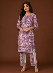 Pure Cotton Cambric Off-White And Purple Color Mix & Match Fabric.