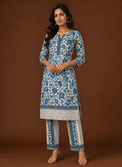 Pure Cotton Cambric Off-White And Blue Color Mix & Match Fabric.