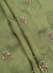 Pure Tissue Emerald Green Color Pearl And Sequins Embroidery Fabric.