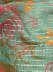 Chanderi Kotta Silk Mint Green Color Floral Digital Print With Sequins Embroidery Fabric.