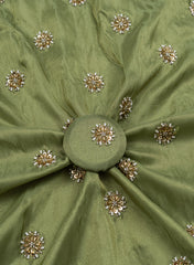 Pure Tissue Emerald Green Color Pearl And Sequins Embroidery Fabric.