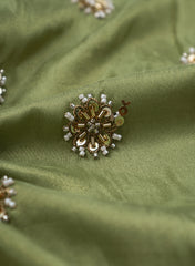 Pure Tissue Emerald Green Color Pearl And Sequins Embroidery Fabric.