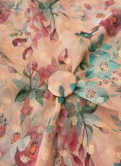 Pure Organza Dark Peach Color Floral Digital Print With Jacquard Work Fabric