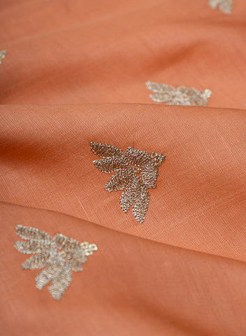 (Precut - 1.5 Meter) Linen Satin Orange Color With Zari Embroidery