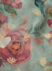 Pure Organza Light Turquoise Blue Color Floral Digital Print With Jacquard Work Fabric