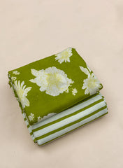 Pure Cotton Cambric Mix And Match Olive Green Color Block Print Fabric.