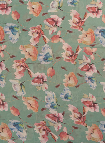 (Pre Cut-1 Meter) Shimmer Georgette Emerald Green Color Floral Digital Print Fabric