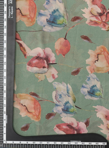 (Pre Cut-1 Meter) Shimmer Georgette Emerald Green Color Floral Digital Print Fabric
