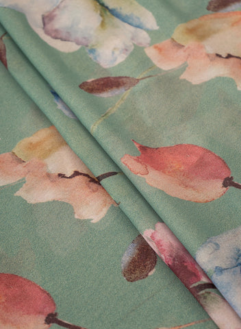 (Pre Cut-1 Meter) Shimmer Georgette Emerald Green Color Floral Digital Print Fabric