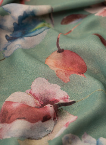 (Pre Cut-1 Meter) Shimmer Georgette Emerald Green Color Floral Digital Print Fabric