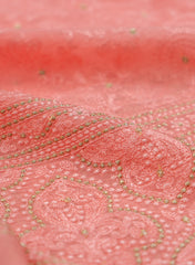 Pure Organza Peach Color Daman Embroidery Big Panna Fabric.