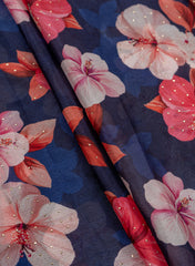 Pure Chinnon Chiffon Navy Blue Color Floral Pattern Mukesh Work Embroidery Fabric.