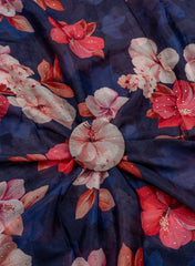 Pure Chinnon Chiffon Navy Blue Color Floral Pattern Mukesh Work Embroidery Fabric.