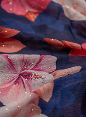 Pure Chinnon Chiffon Navy Blue Color Floral Pattern Mukesh Work Embroidery Fabric.