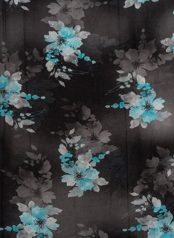 (Precut-1 Meter ) Pure Chinnon Chiffon Black Color Floral Pattern Mukesh Work Embroidery Fabric.