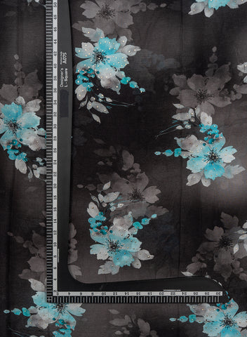 (Precut-1 Meter ) Pure Chinnon Chiffon Black Color Floral Pattern Mukesh Work Embroidery Fabric.