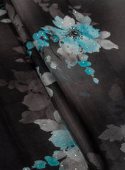 Pure Chinnon Chiffon Black Color Floral Pattern Mukesh Work Embroidery Fabric.