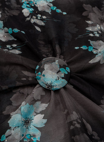 (Precut-1 Meter ) Pure Chinnon Chiffon Black Color Floral Pattern Mukesh Work Embroidery Fabric.