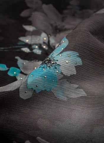 (Precut-1 Meter ) Pure Chinnon Chiffon Black Color Floral Pattern Mukesh Work Embroidery Fabric.