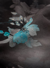 Pure Chinnon Chiffon Black Color Floral Pattern Mukesh Work Embroidery Fabric.