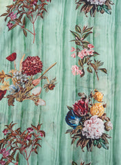 Cotton Mulmul Jacqurad Sea Green Color Floral Digital Print Fabric.