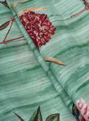 Cotton Mulmul Jacqurad Sea Green Color Floral Digital Print Fabric.