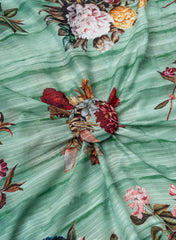 Cotton Mulmul Jacqurad Sea Green Color Floral Digital Print Fabric.
